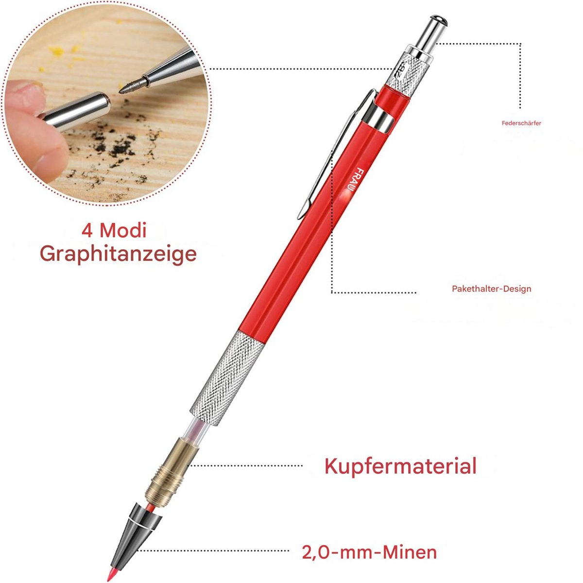 Zerlegter roter mechanischer Bleistift, der Komponenten und Textbeschriftungen zeigt.