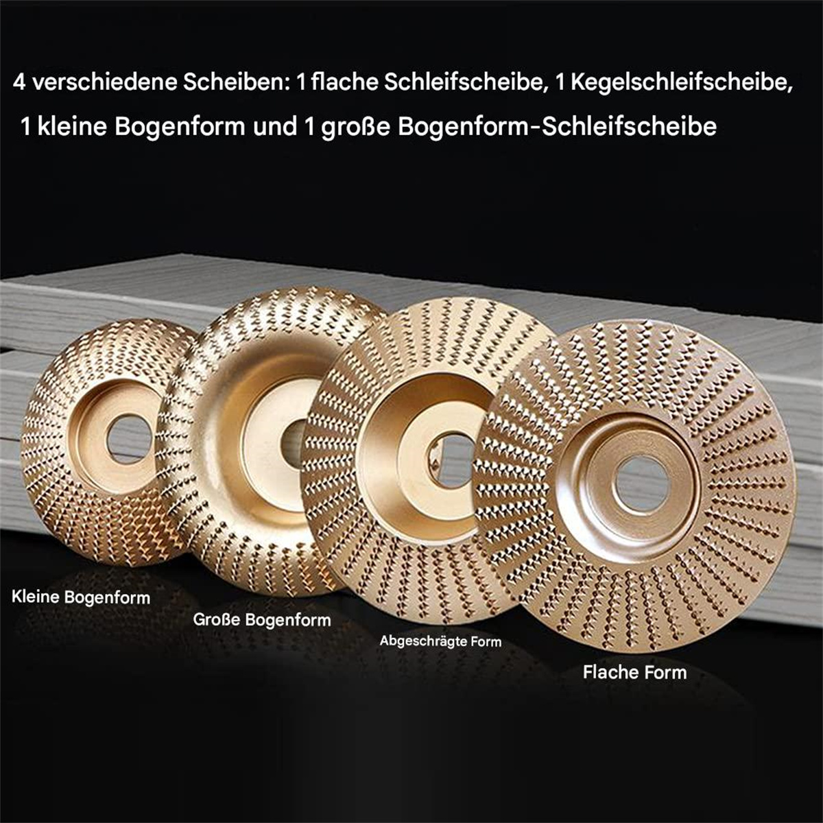Vier Metall-Schleifscheiben. Sie haben unterschiedliche Formen und sind goldfarben.