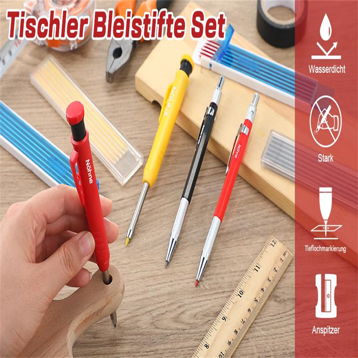 Bleistifte und Lineal auf einem Holzbrett. Text: 'Tischler Bleistifte Set'.
