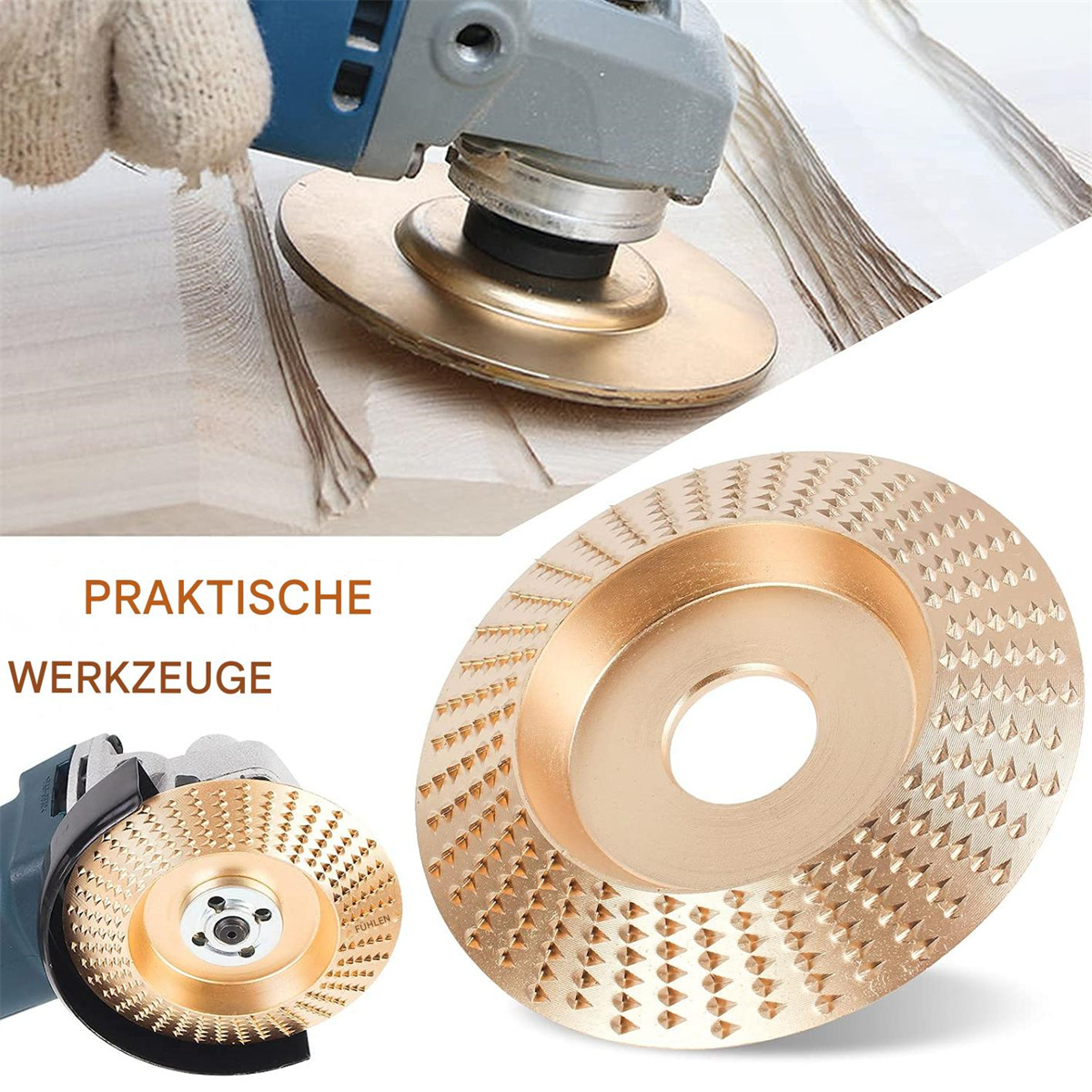 Nahaufnahme einer goldenen Schleifscheibe auf Holz, mit einer Hand mit Handschuh.