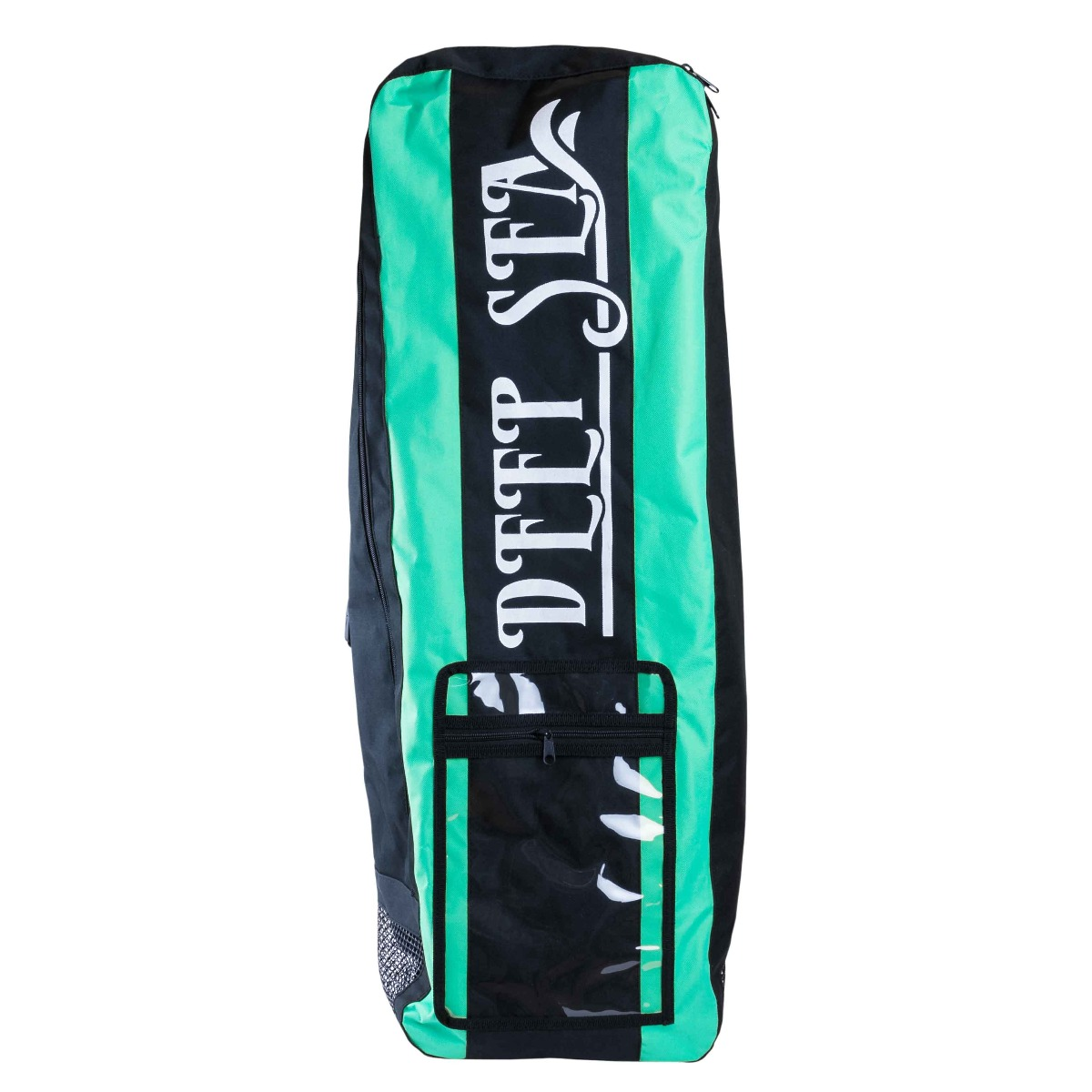 Czarna i zielona torba na paddleboard z białym napisem "DEEP SEA", czarne tło.