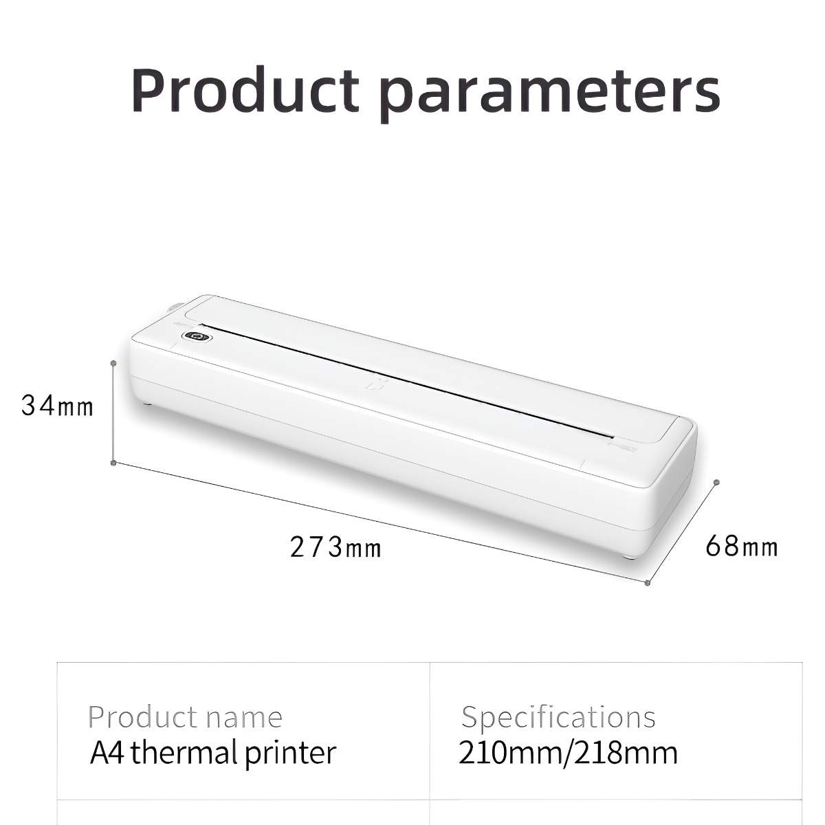 Produktparameter werden angezeigt. Der Drucker ist weiß, rechteckig mit Abmessungen. Der Produktname ist A4-Thermodrucker.