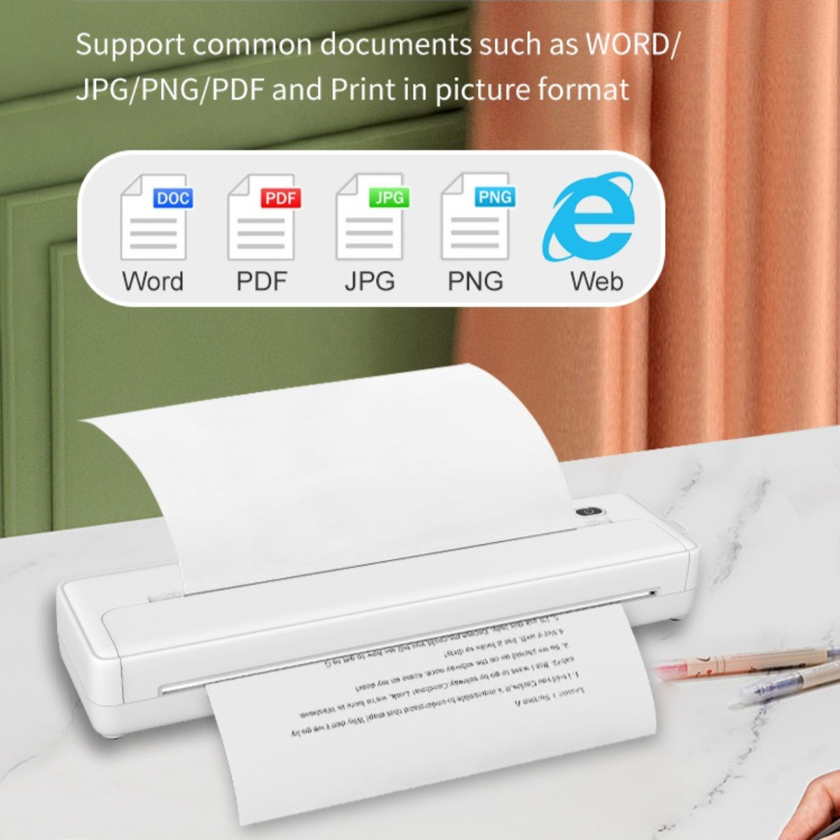 Ein Drucker druckt ein Dokument. Das Dokument zeigt verschiedene Dateityp-Symbole wie Word, PDF, JPG, PNG und Web.