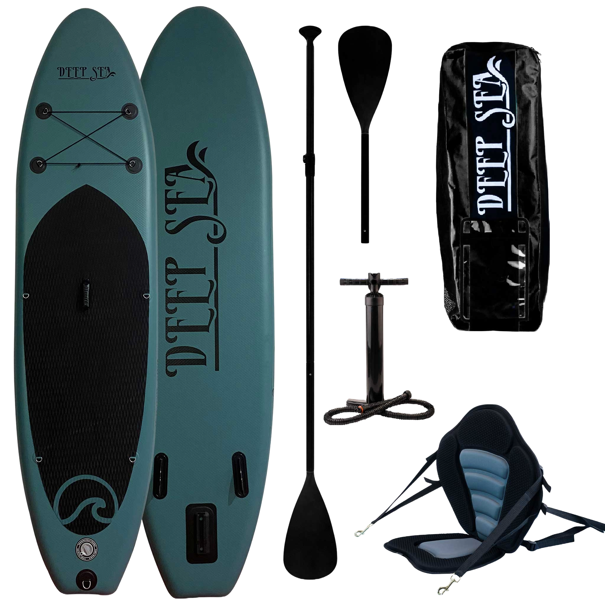 Dwie deski do wiosłowania z wiosłami, pompą, siedzeniem i torbą transportową, wszystko na białym tle.