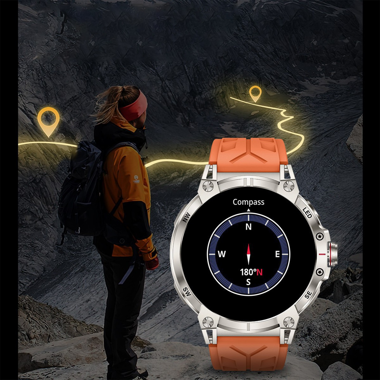 Eine Frau mit einer Uhr beim Wandern. Die Uhr zeigt Kompass und einen Weg auf einem Berg.