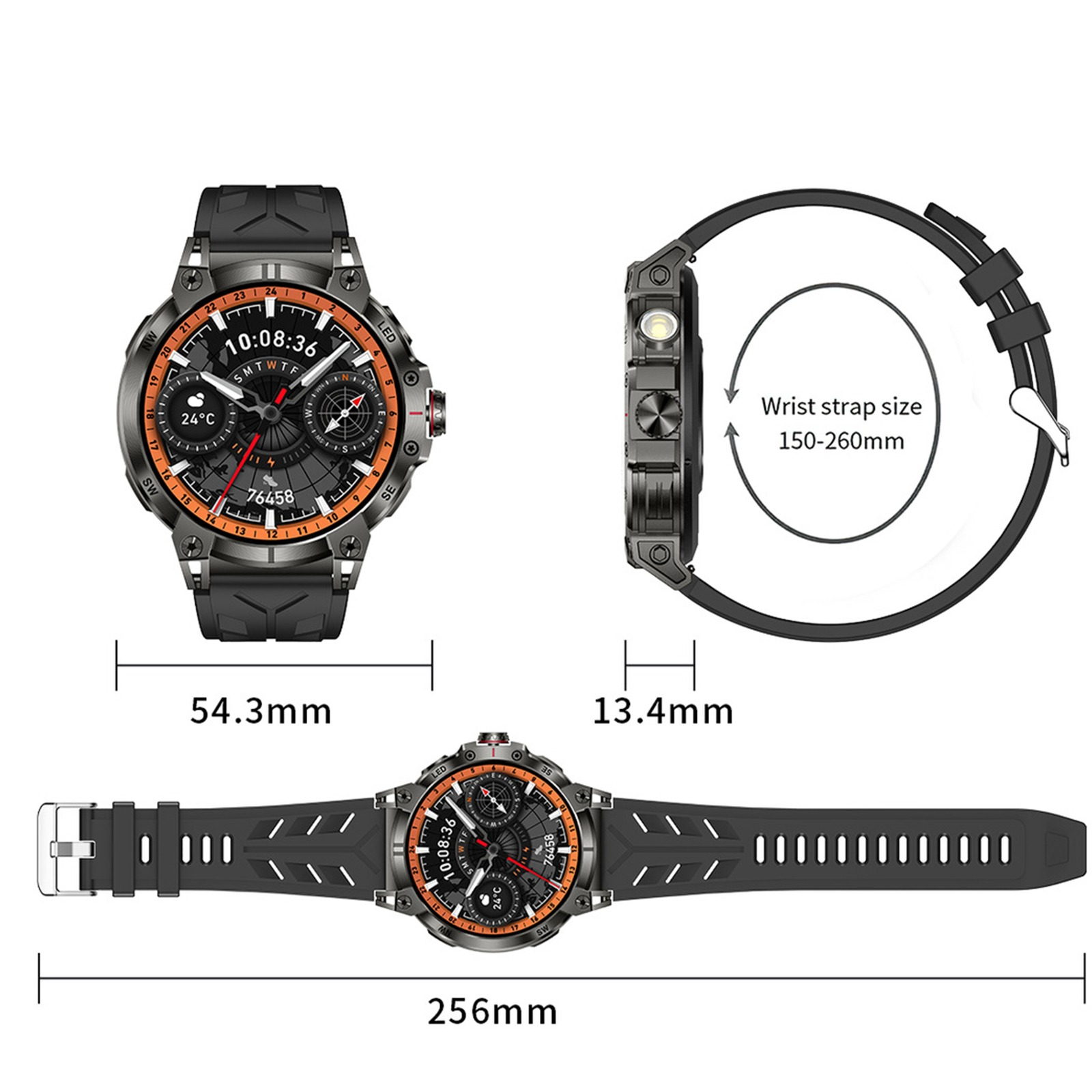 Schwarze Smartwatch mit orangefarbenen Akzenten, die Zeit und Statistiken anzeigt. Inklusive Armband und Abmessungen.