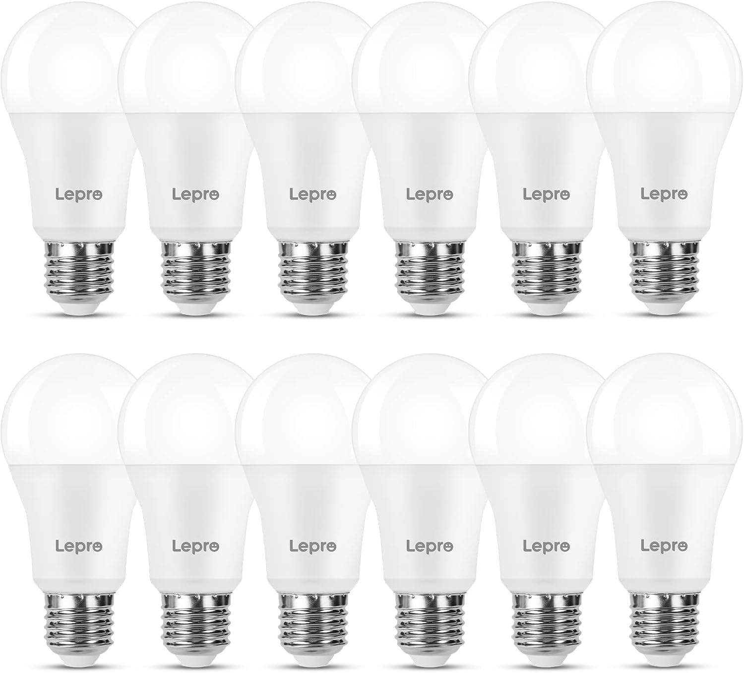 Ein Dutzend weißer LED-Glühbirnen mit dem Markennamen „Lepro“ auf jeder Glühbirne.