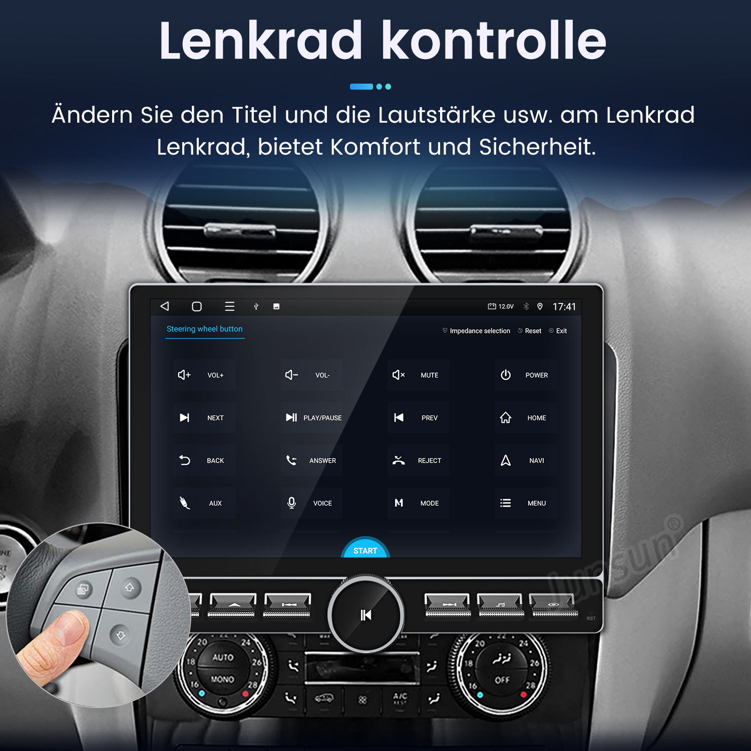 Autoradio-Bildschirm mit Tasten und Nahaufnahme der Lenkradbedientasten.