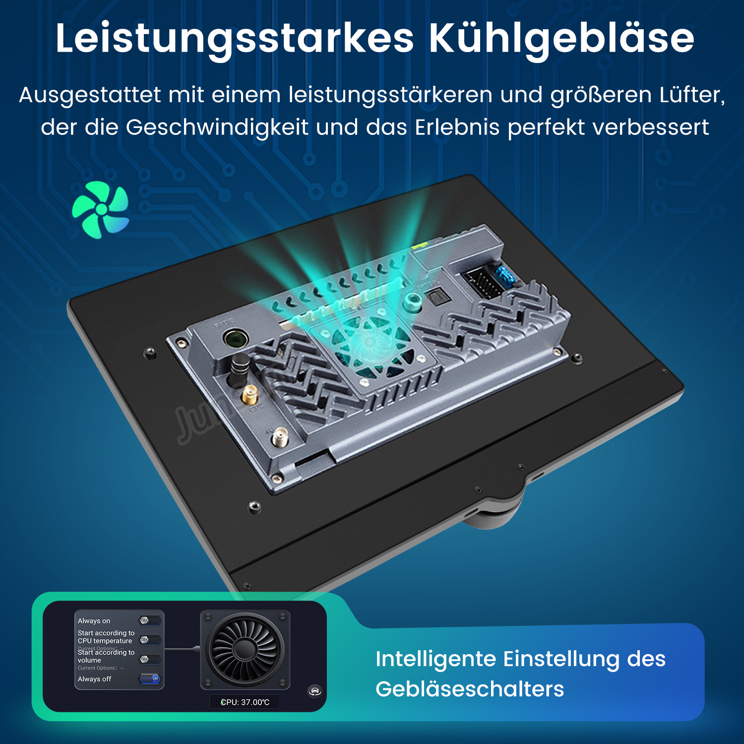 Elektronisches Gerät mit Lüfter. Text lautet "Intelligente Einstellung des Lüfterschalters".