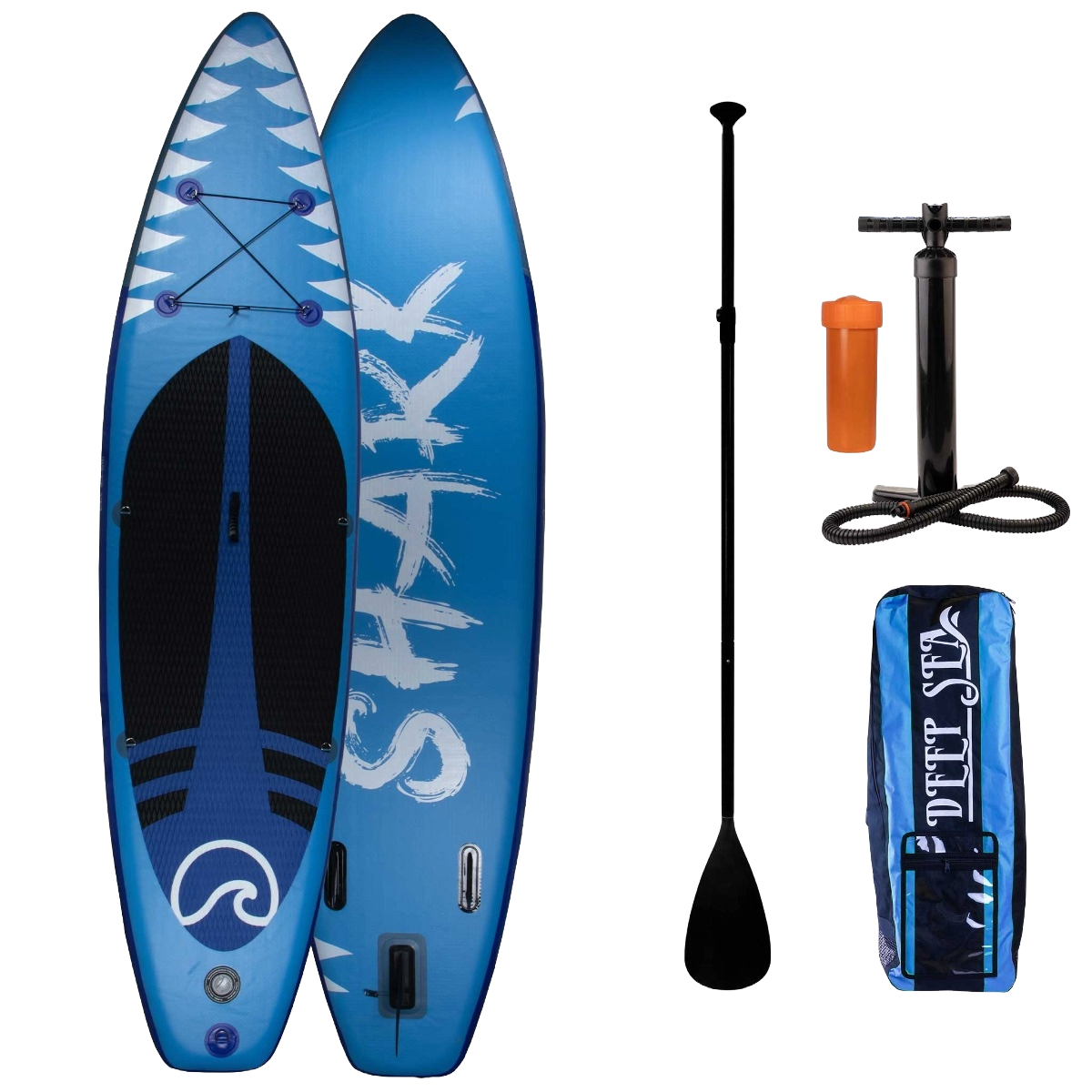 Niebieskie deski SUP z akcesoriami, w tym pompką i wiosłem.