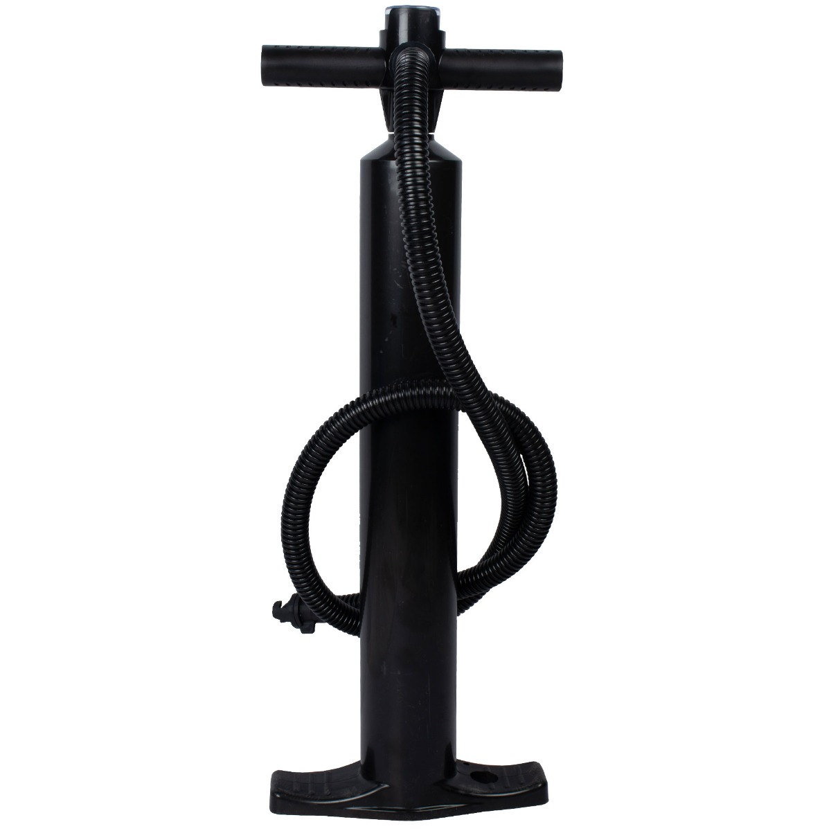 Czarna ręczna pompka powietrza z wężem owiniętym wokół niej. Białe tło. Pompa ma uchwyt w kształcie litery T.
