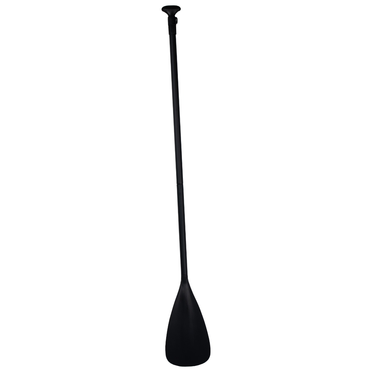 Czarna wiosło z długim uchwytem i ostrzem w kształcie łzy. Białe tło.