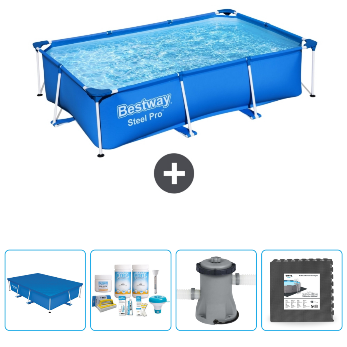 Blauw rechthoekig bovengronds zwembad met accessoires: chemicaliën, pomp en tegels.