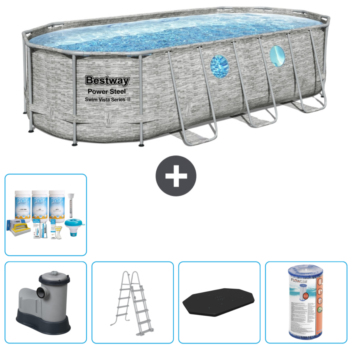 Piscine hors sol avec accessoires : produits chimiques, filtre, échelle et protection de sol, sur blanc.