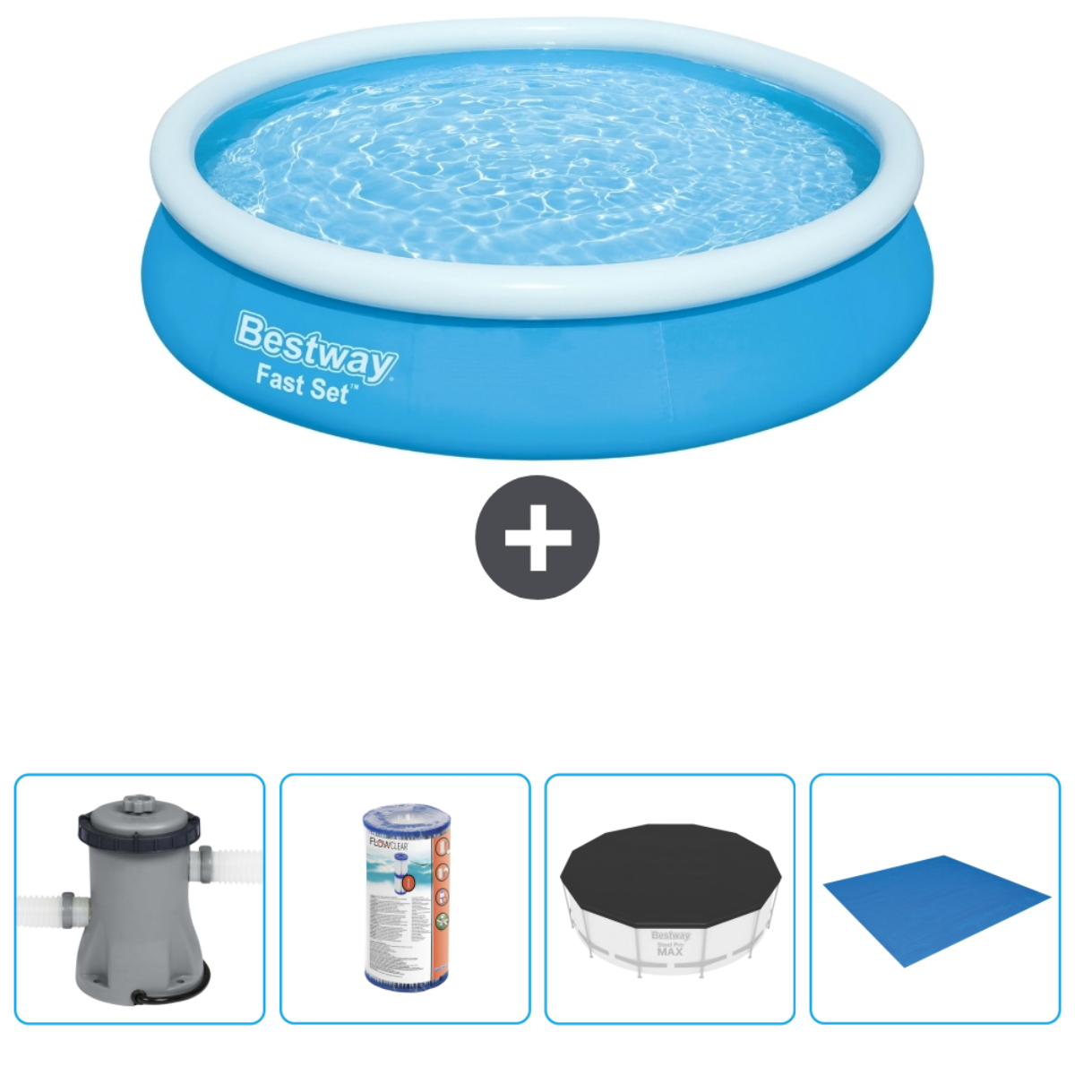 Blue and white Bestway pool with accessories. Includes filter, cover, and a ground mat. Water inside.
