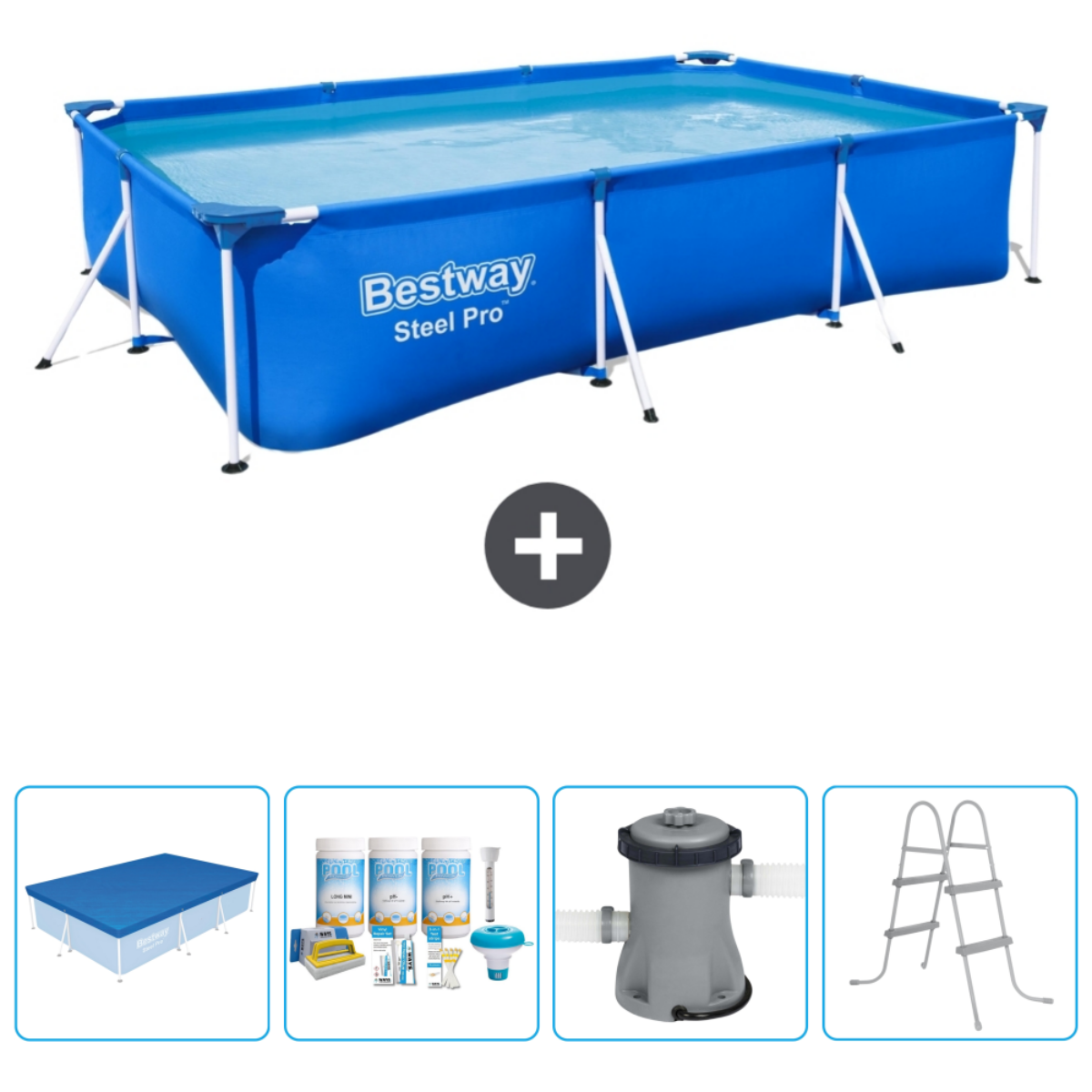 Rechthoekige zwembadset met accessoires. Inclusief zwembad, reinigingskit, ladder en filter.