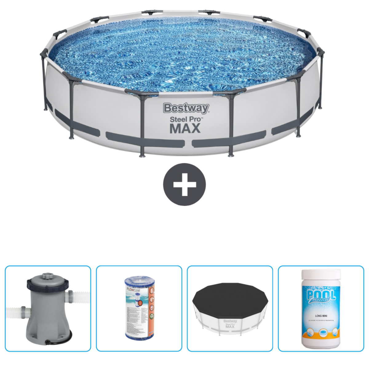 Une piscine ronde avec accessoires. La piscine est remplie d'eau bleue et comprend des articles de filtration et d'entretien.