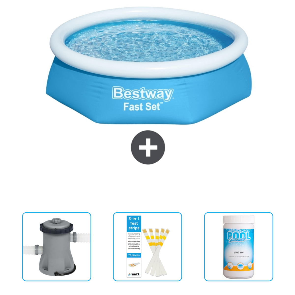 Blau-weißer Pool, Wasser, Zubehör: Filter, Teststreifen. Marke Bestway.