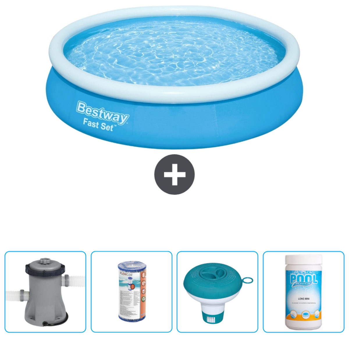 Piscine Bestway bleue avec accessoires : pompe, pastilles de chlore, doseur.
