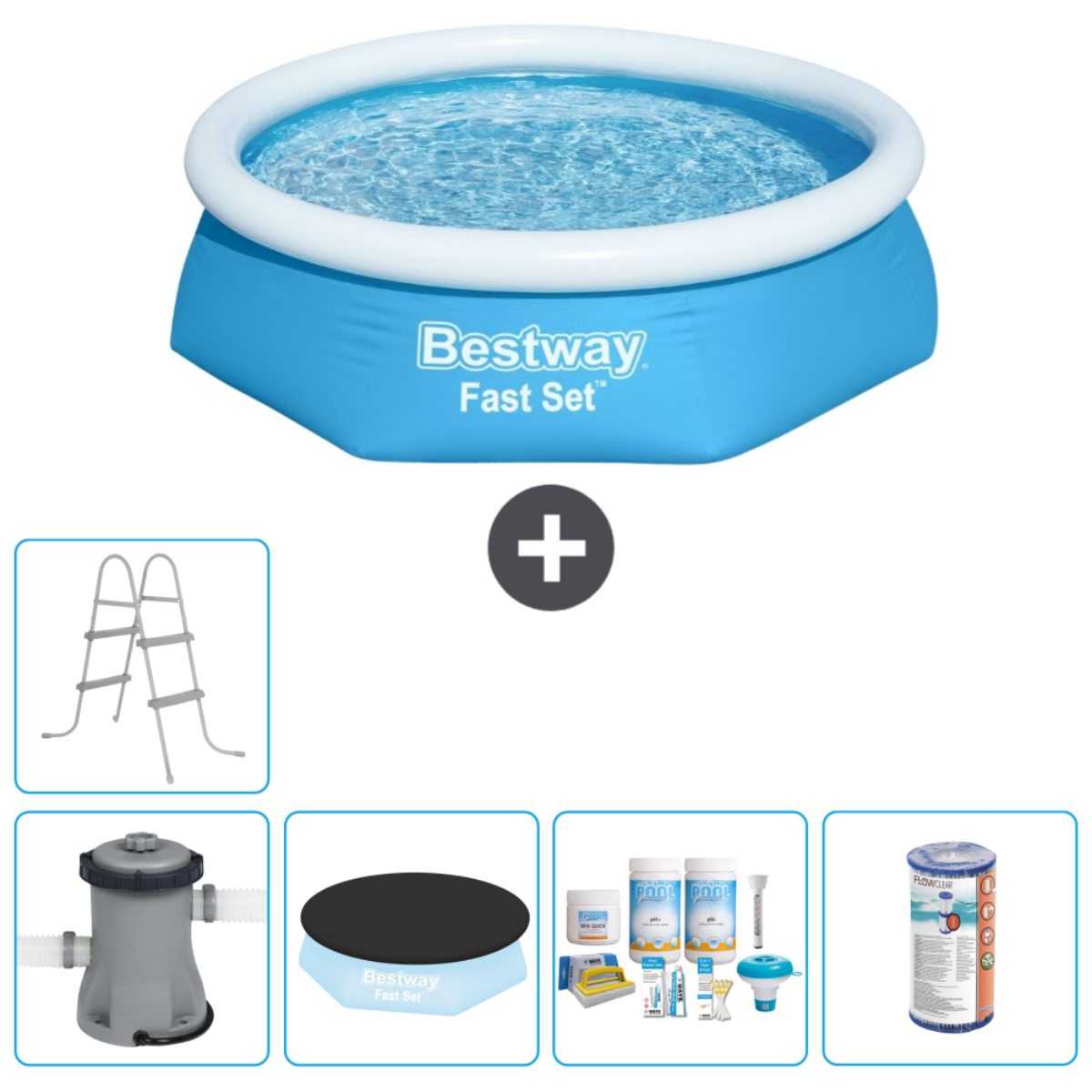 Rond zwembad met water, filter, ladder, chemicaliën en afdekking.