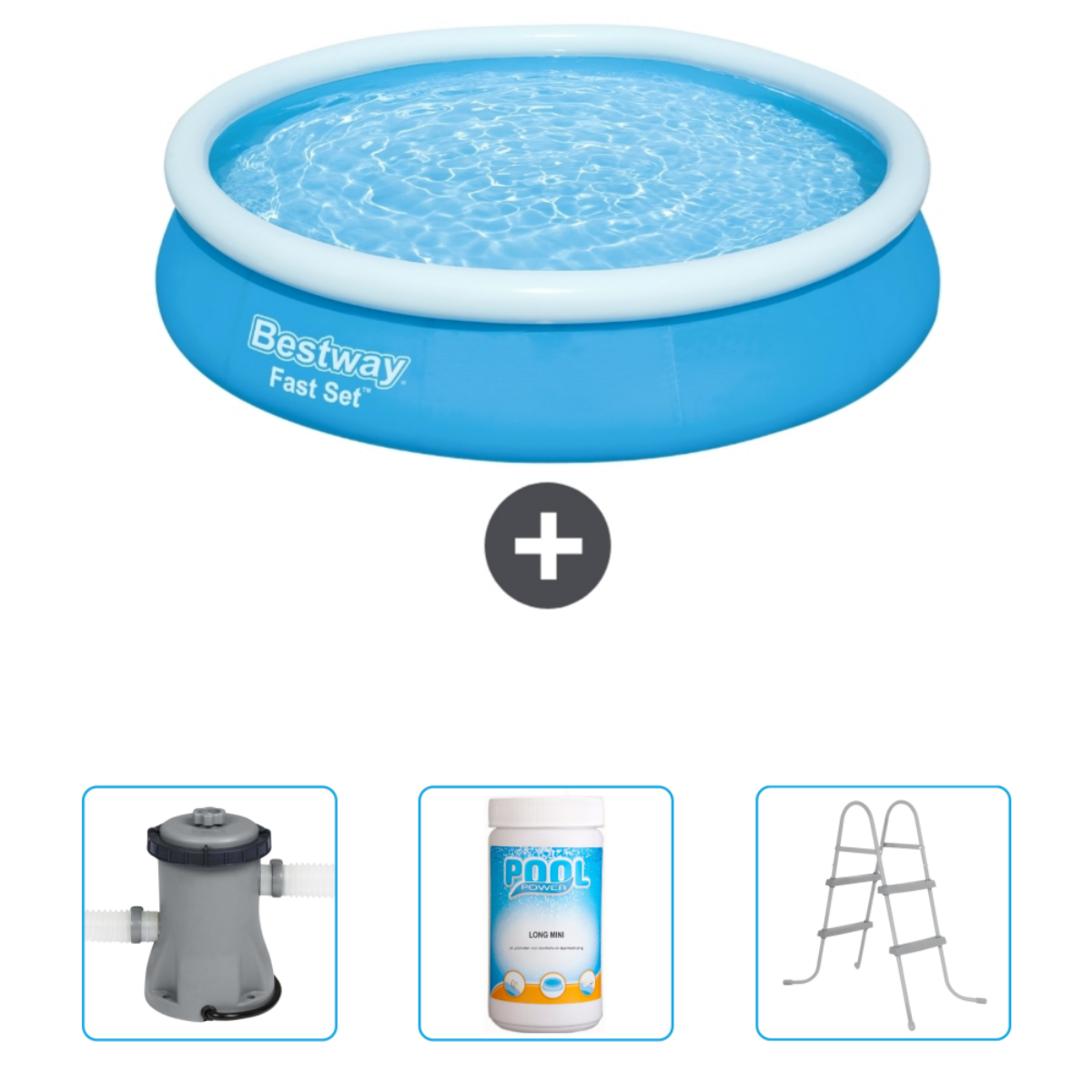 Une piscine bleue Bestway Fast Set avec accessoires : filtre, échelle et kit chimique.