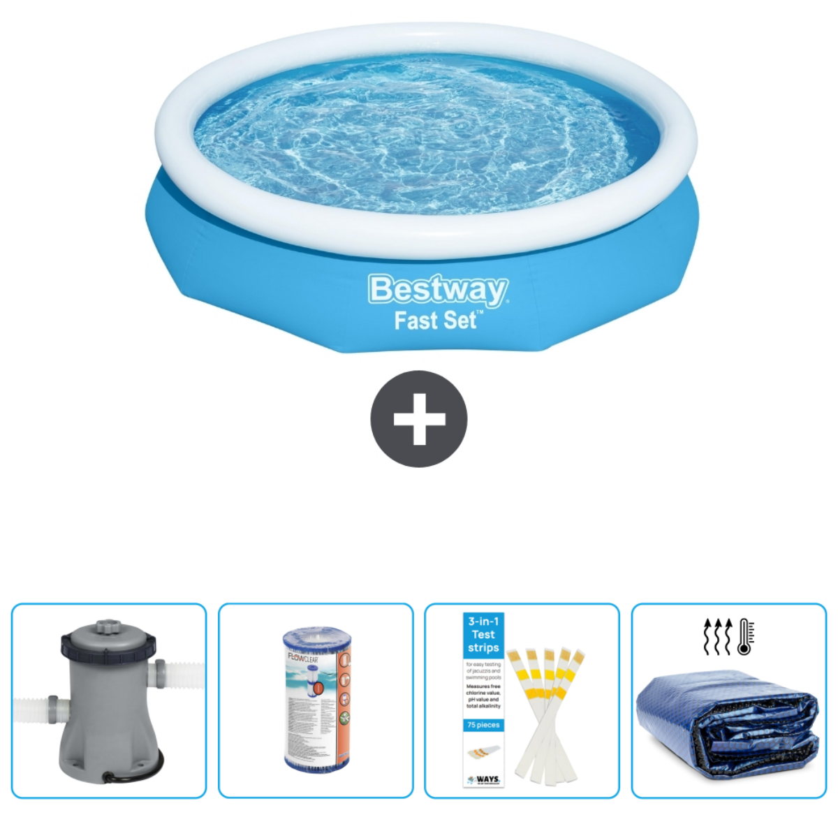Piscine gonflable bleue et blanche avec accessoires, dont filtre, bandelettes et bâche, sur fond blanc.