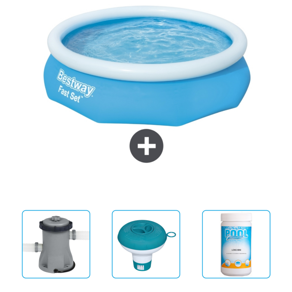 Blauw opblaasbaar zwembad met chemicaliën, pomp en dispenser.
