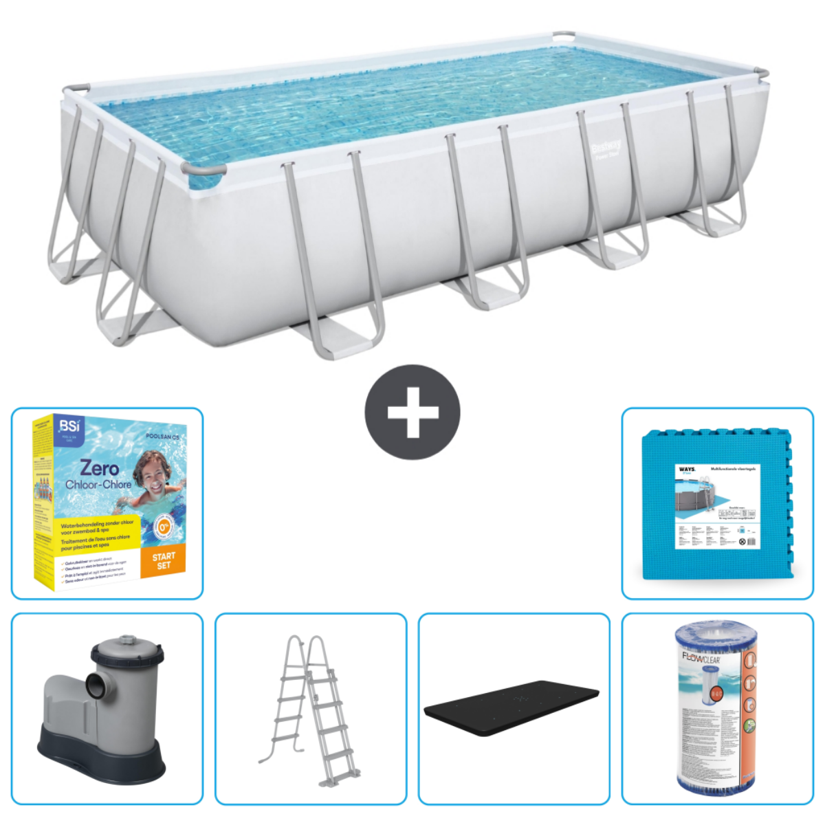 Piscine hors sol rectangulaire bleue et accessoires: produits chimiques, échelle, pompe et tapis.