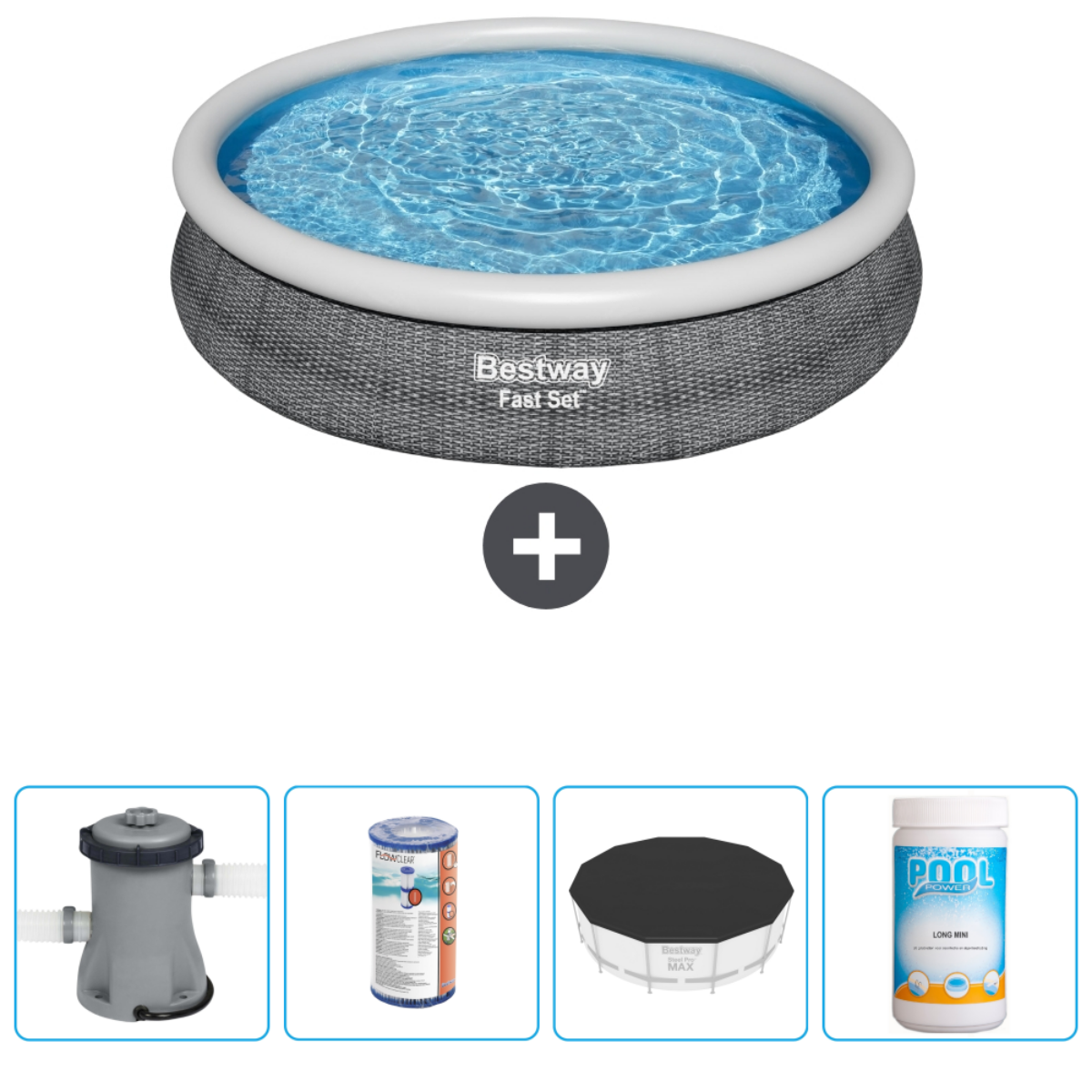 Rond zwembad met accessoires: filter, chemicaliën, afdekzeil en chemicaliën voor waterbehandeling.
