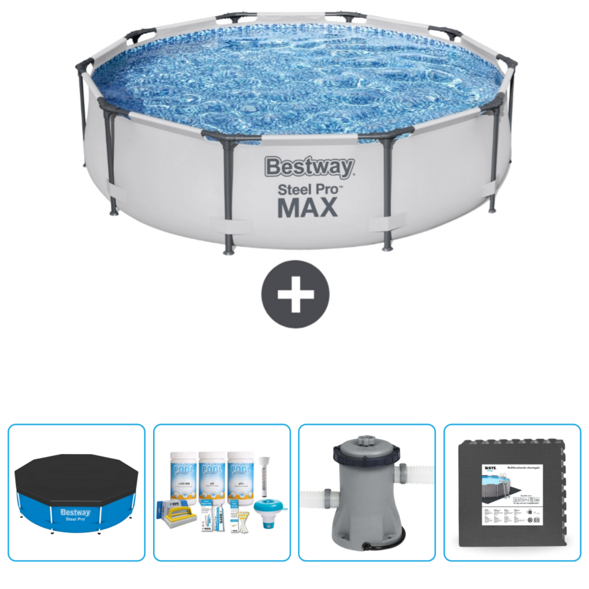Een achthoekige bovengrondse zwembadset. Zwembad, filter, chemicaliën en meer. Wit en blauw. Bestway merk.