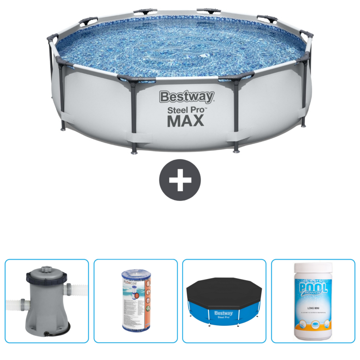 Ronde pool met accessoires, waaronder filter, afdekzeil en chloortabletten. Het zwembad heeft blauw water.