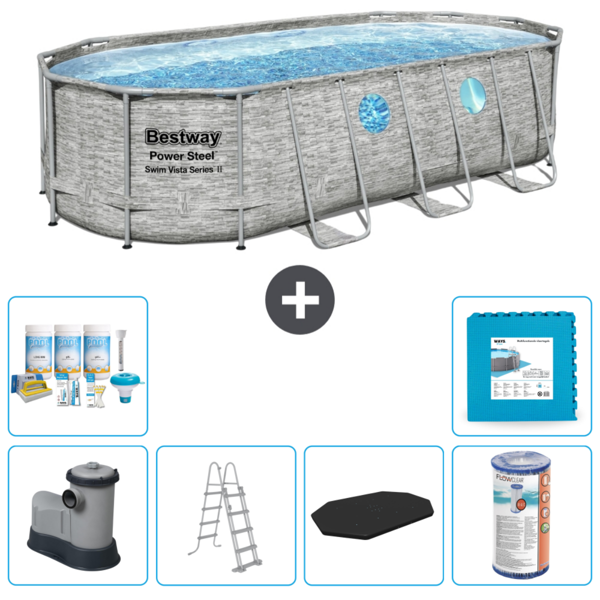 Piscine ovale avec accessoires : pompe, échelle, nettoyage, produits et dalles.