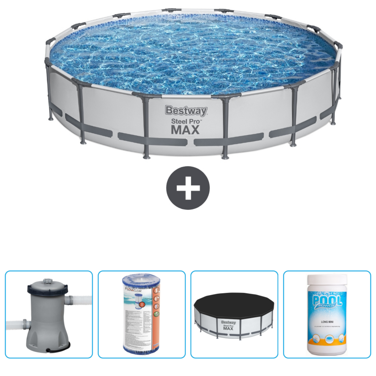 Een ronde pool met accessoires. De pool heeft blauw water en wordt geleverd met een pomp, afdekking en schoonmaakartikelen.