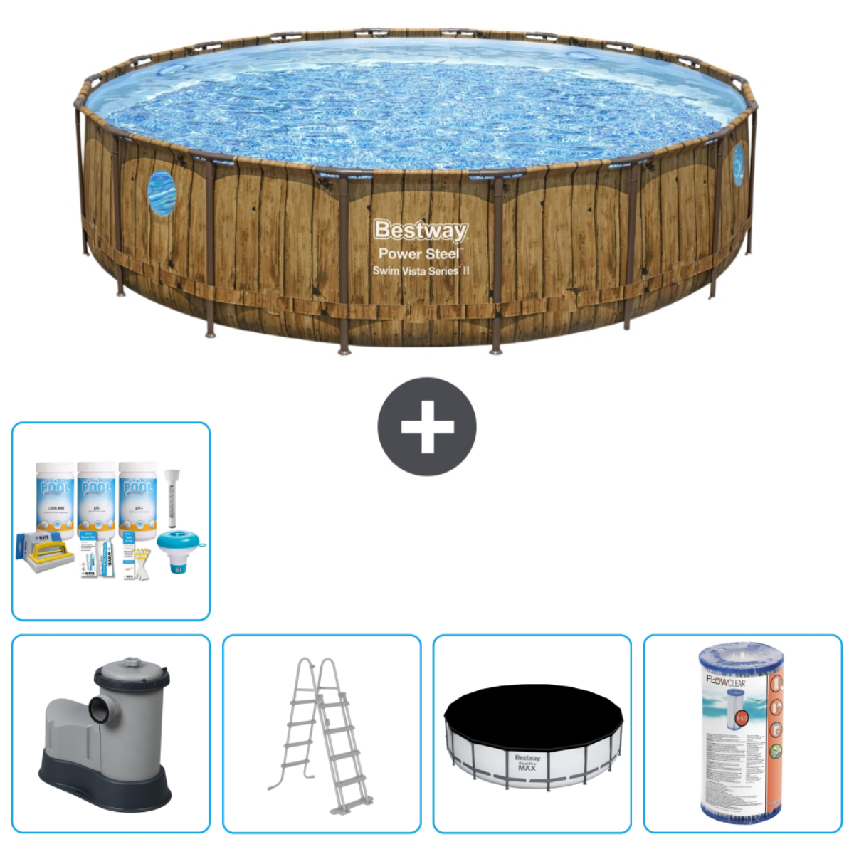 Brauner Pool mit Holzrahmen und Zubehör. Enthält Pumpe, Leiter, Abdeckung, Filter, Chlor und Skimmer.
