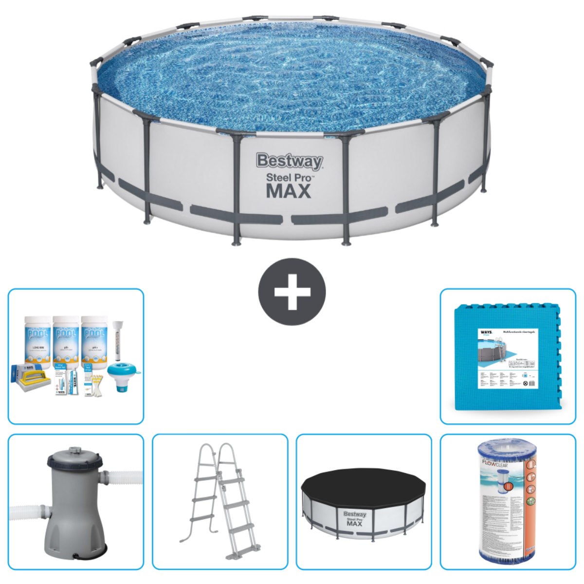 Groot rond zwembad met accessoires: filter, afdekzeil, ladder, chemicaliën, mat. Bestway Steel Pro MAX.