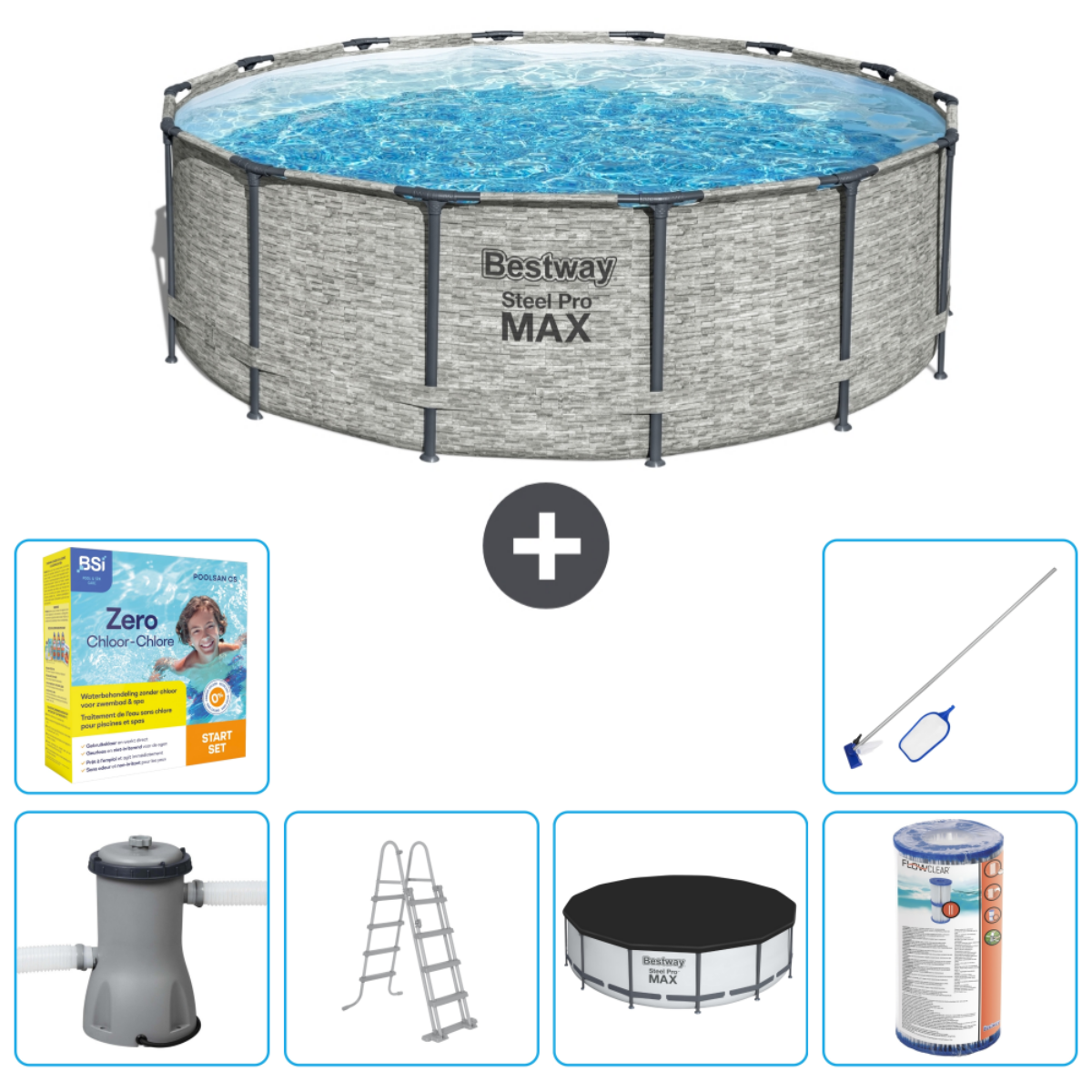 Grijze Bestway Steel Pro MAX-pool met accessoires: filter, ladder, chemicaliën.