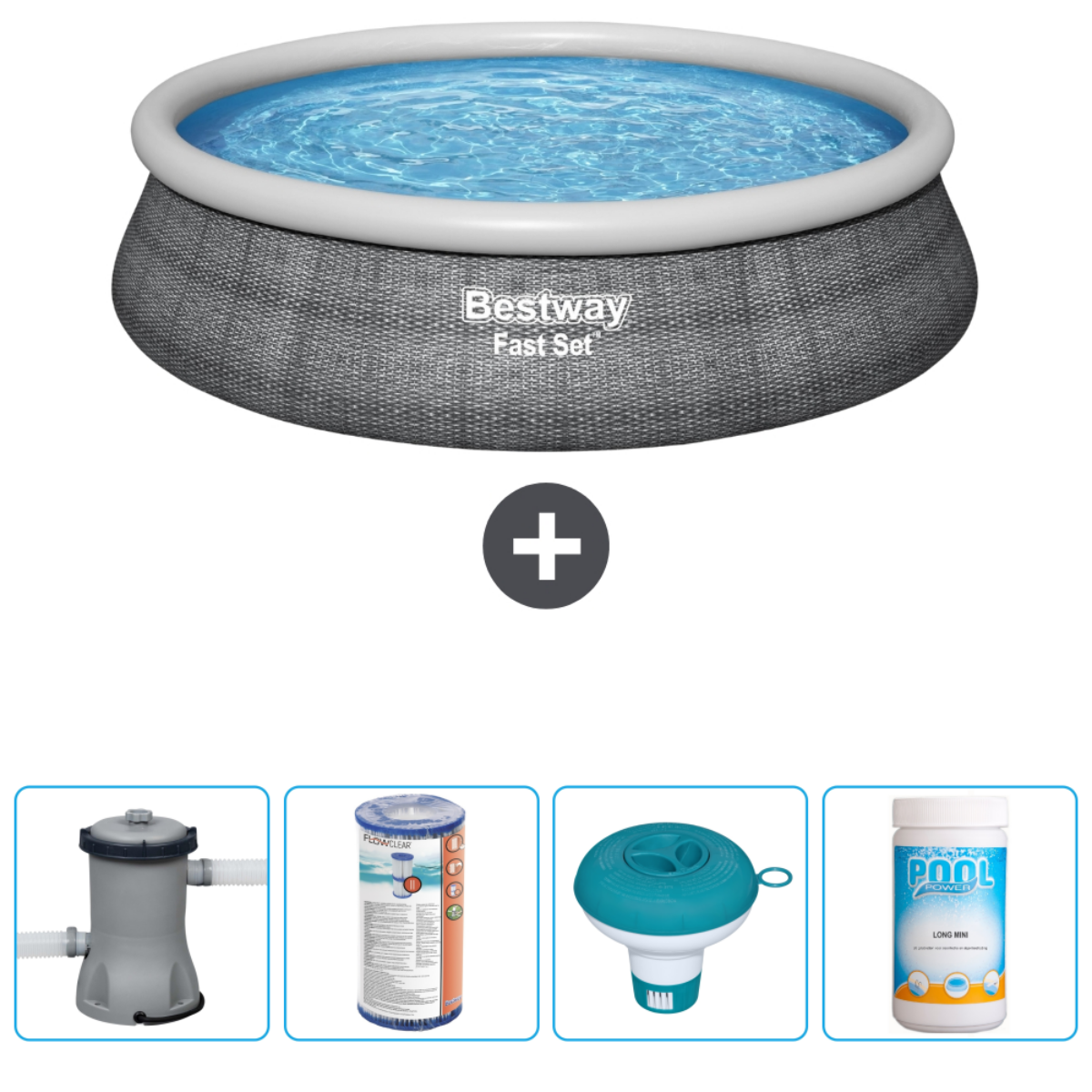 Grijze zwembad met water, accessoires: filter, afdekking, vlotter, chemisch. Bestway.