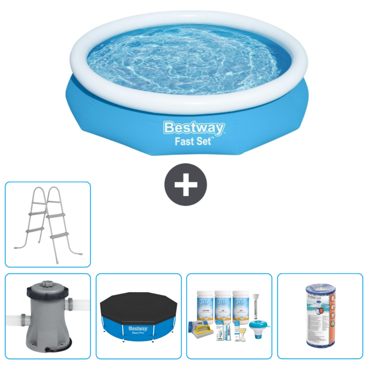 Blauw opblaasbaar zwembad met ladder, pomp, afdekking, reiniging en chemicaliën.