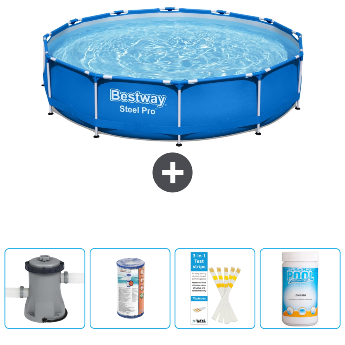 Rond zwembad met accessoires: filter, chemicaliën, teststrips en chemicaliën voor waterbehandeling.