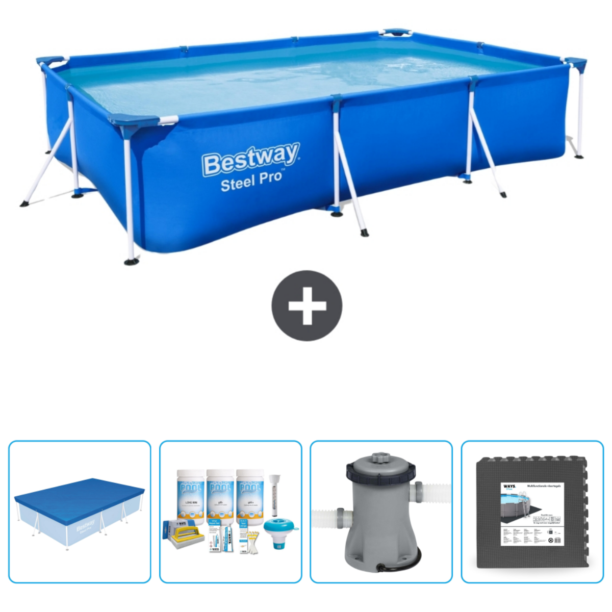 Een rechthoekig zwembad met blauw water en accessoires. Inclusief afdekzeil, chemicaliën, filter en een vloermat.
