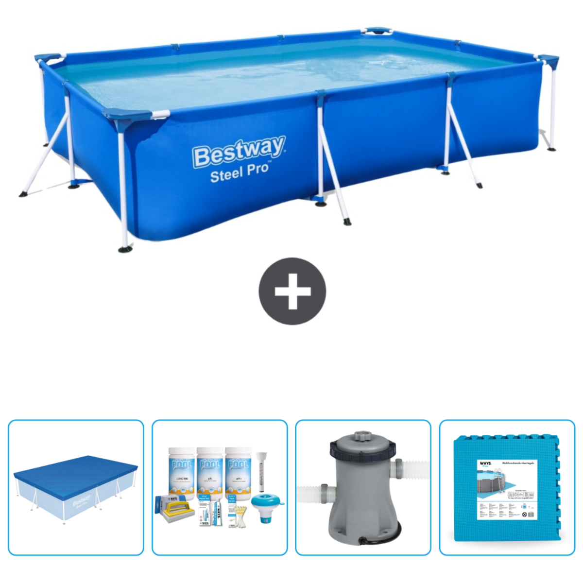 Blauw rechthoekig zwembad met accessoires. Inclusief afdekking, chloor, pomp en vloermatten.