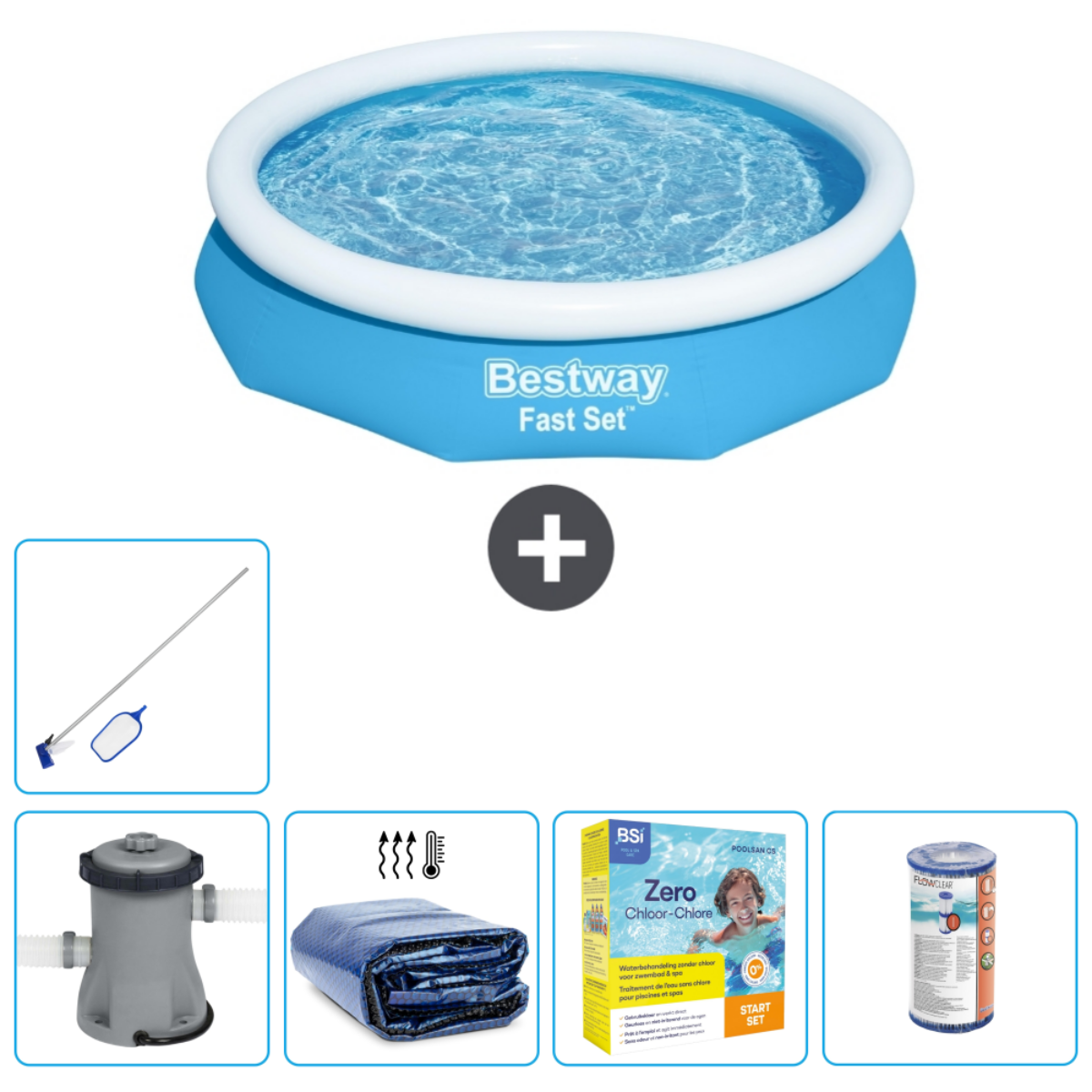 Blaues Pool-Set mit Zubehör. Enthält Pool, Filter, Thermohaube und Netz.