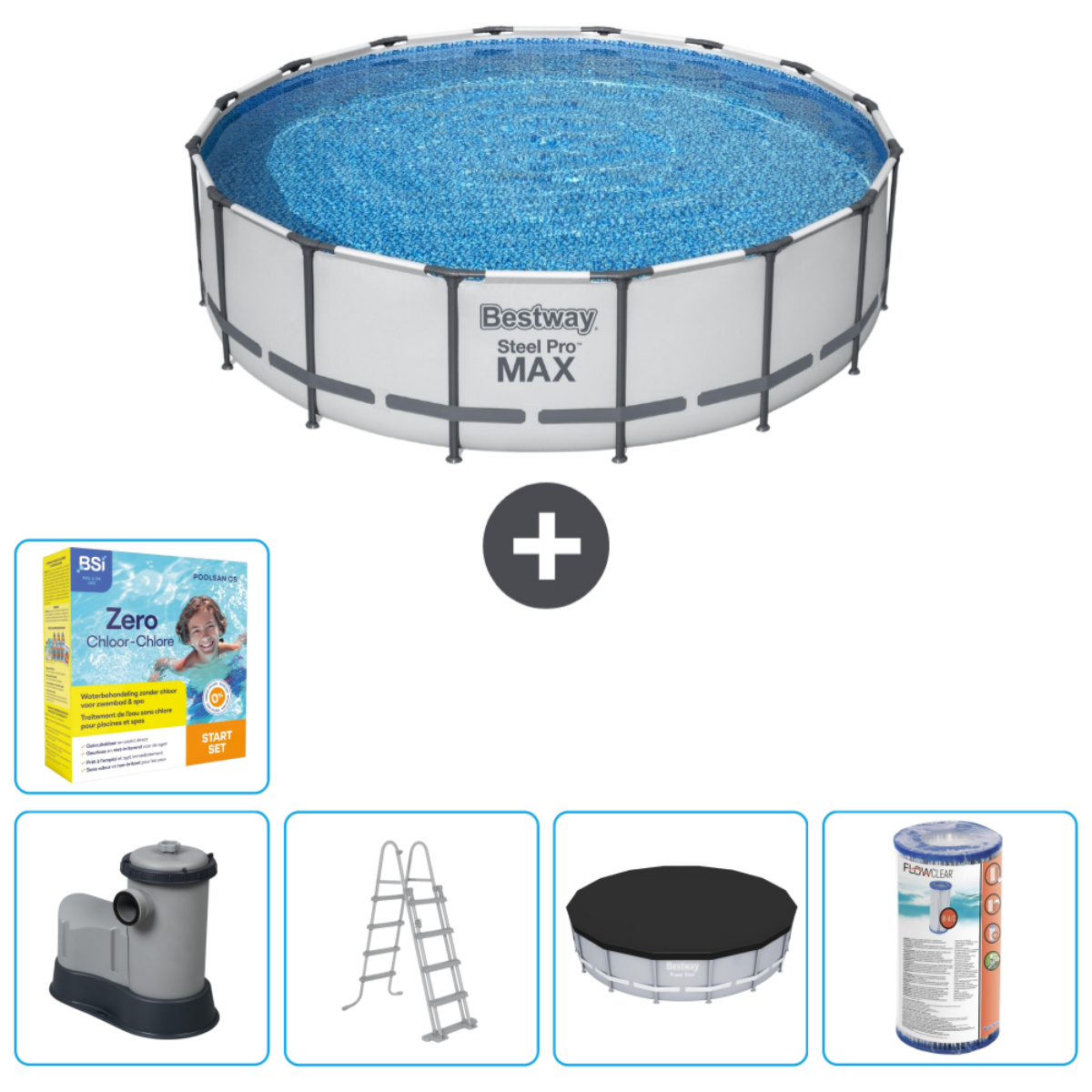 Grande piscine ronde avec accessoires: filtre, bâche, échelle, produits chimiques, tapis. Bestway Steel Pro MAX.