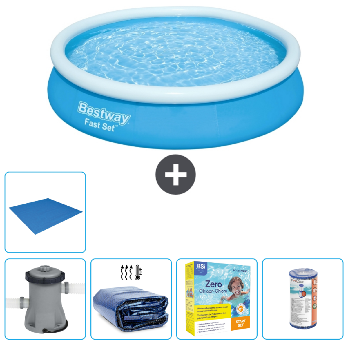Blauw Bestway-zwembad met accessoires: grondzeil, afdekzeil, chemicaliën, filter.