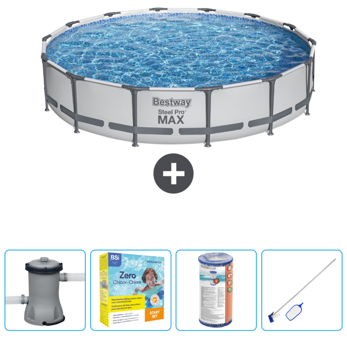 Piscine ronde avec eau, filtre, produits chimiques, échelle, couverture et outils.