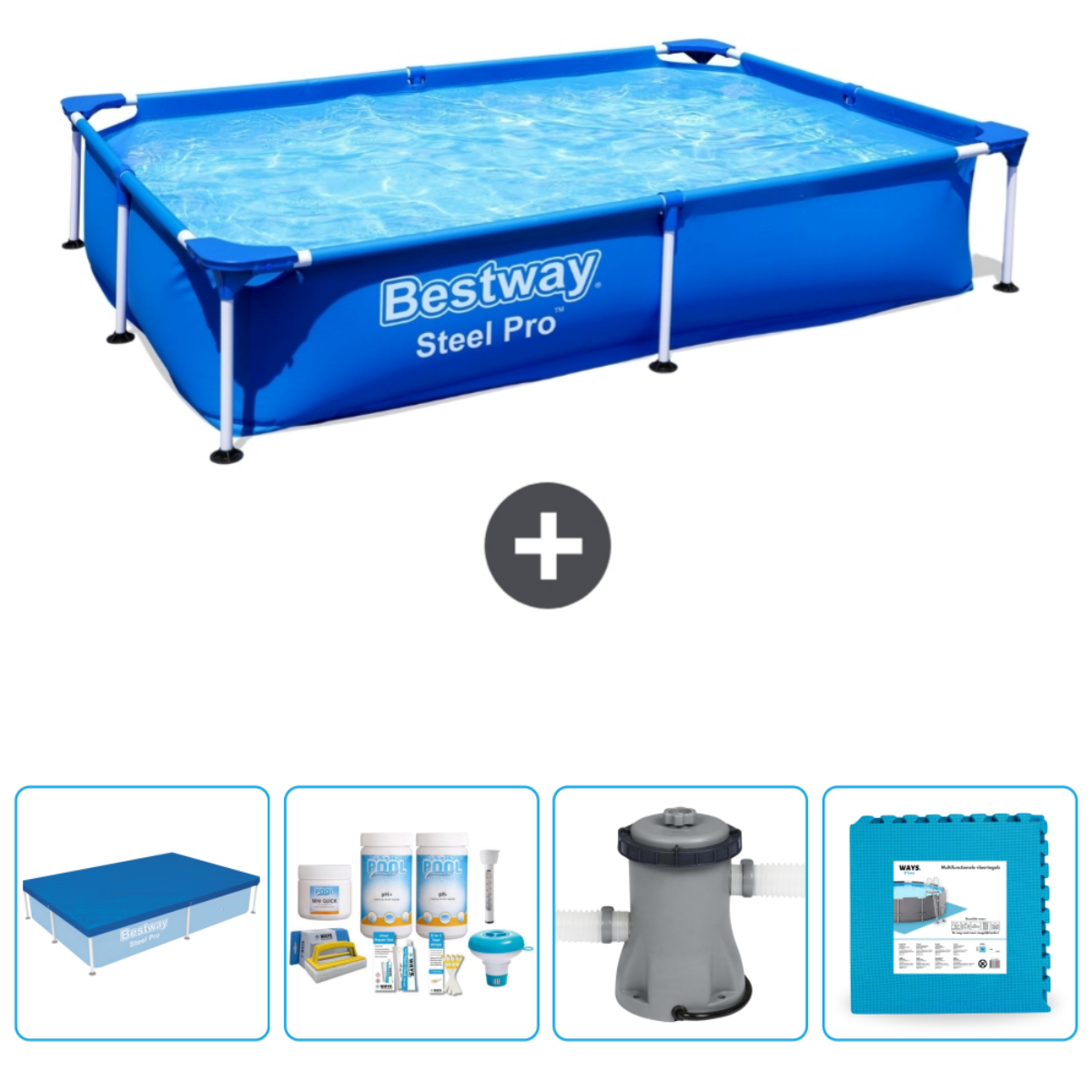 Piscine rectangulaire avec couverture, produits chimiques, filtre et tapis de nettoyage.