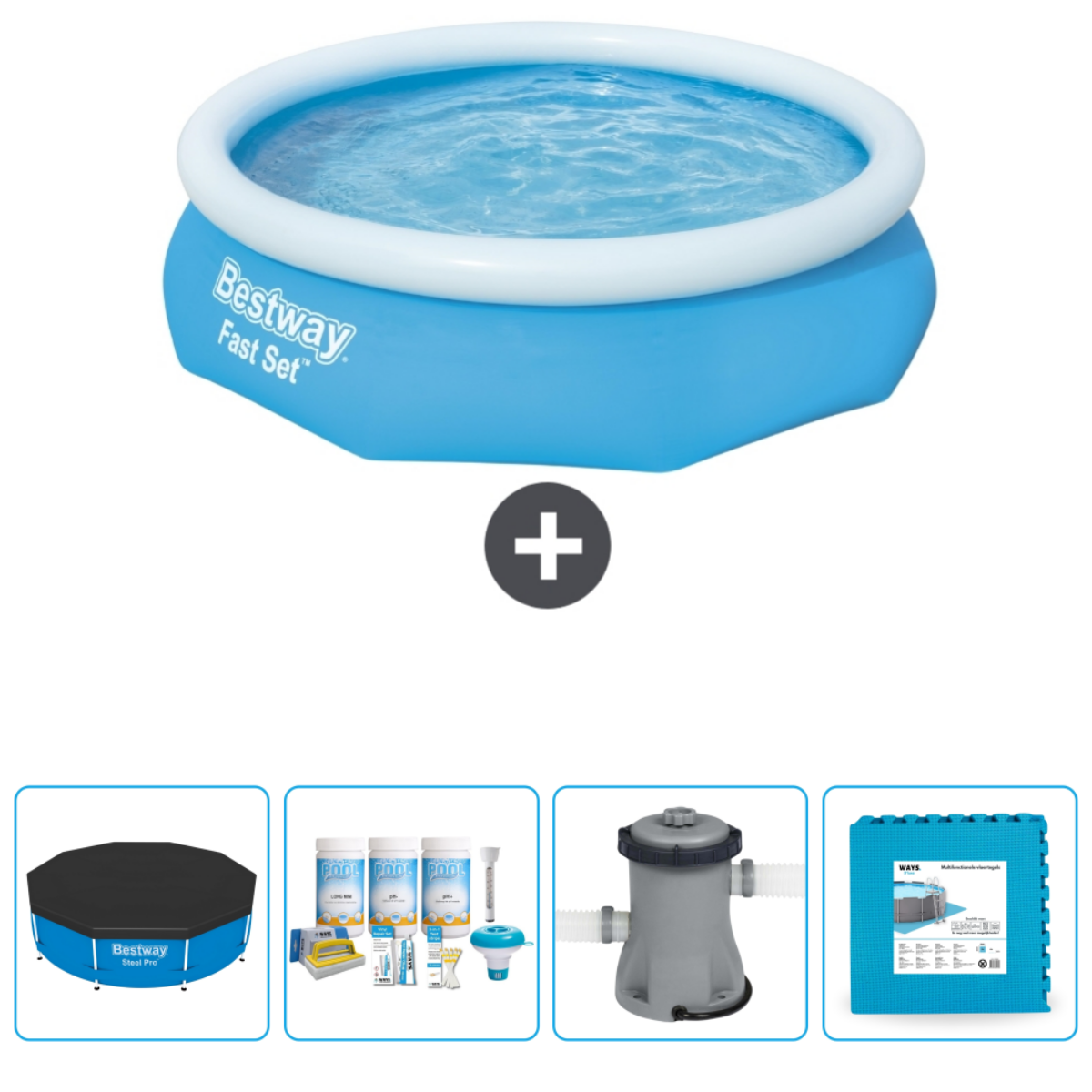 Une piscine bleue Bestway Fast Set avec accessoires : filtre, échelle, couverture et kit chimique.