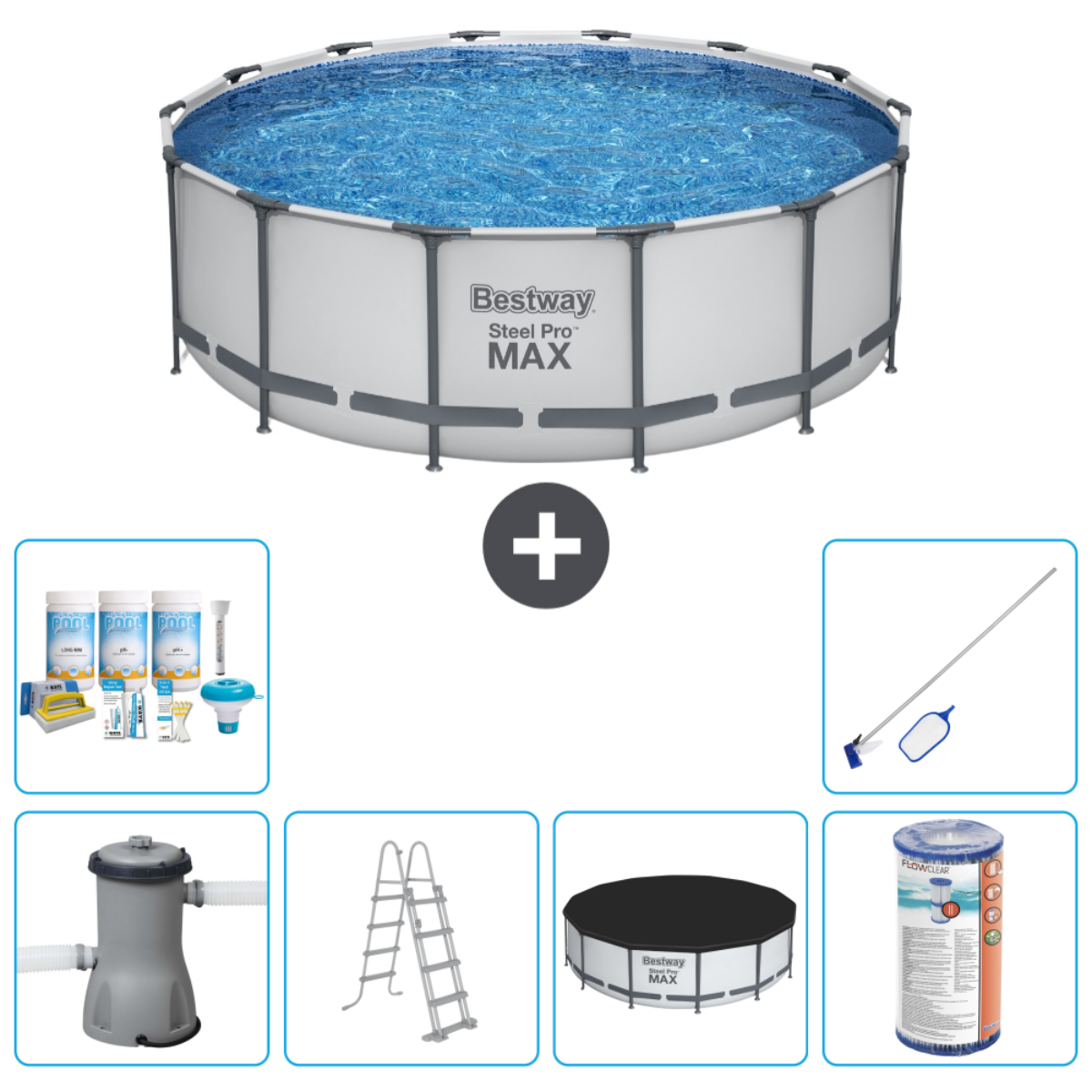 Rond bovengronds zwembad met accessoires: pomp, ladder, reiniging, chemicaliën en afdekking.