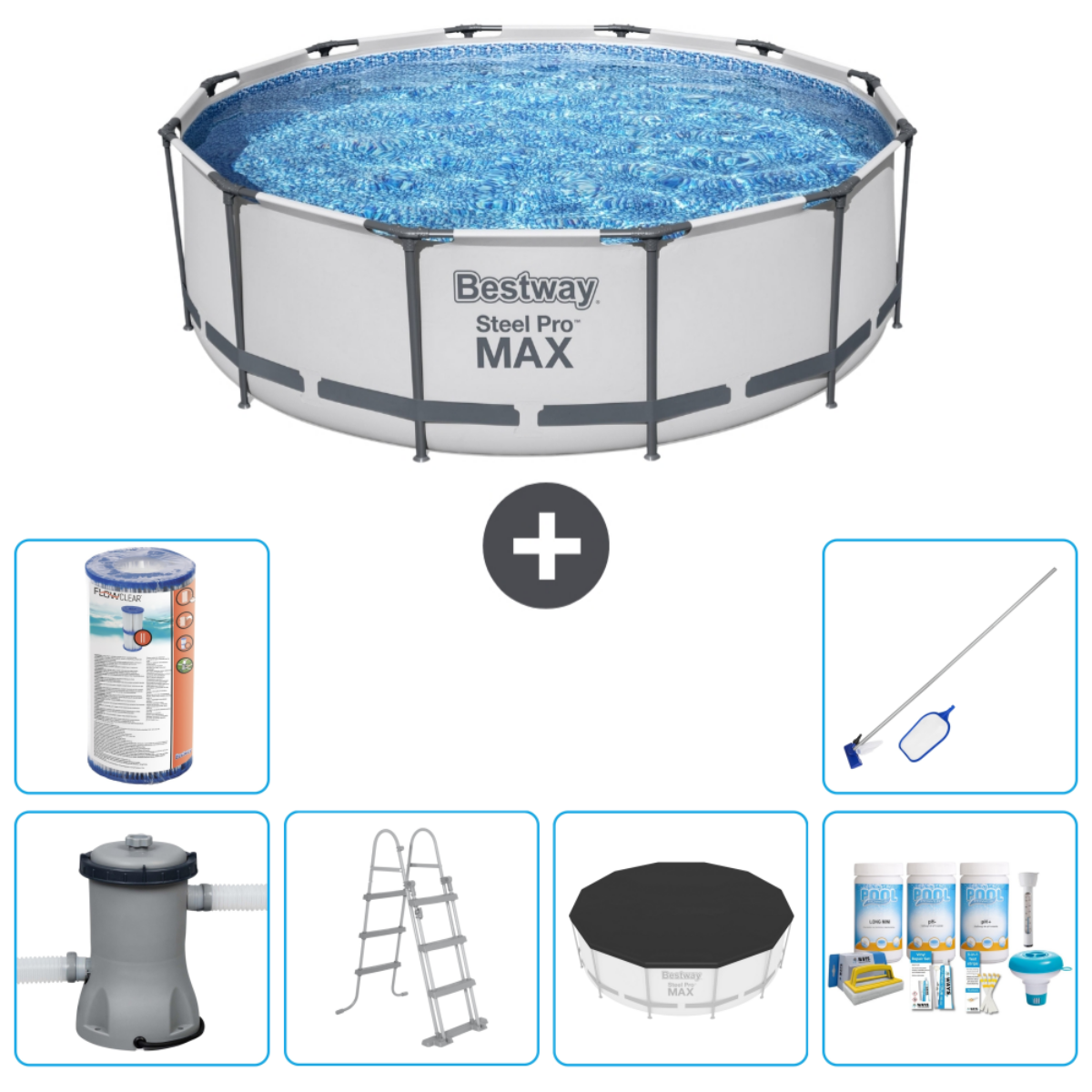 Piscine blanche et grise Bestway Steel Pro MAX avec accessoires: filtre, échelle, etc.