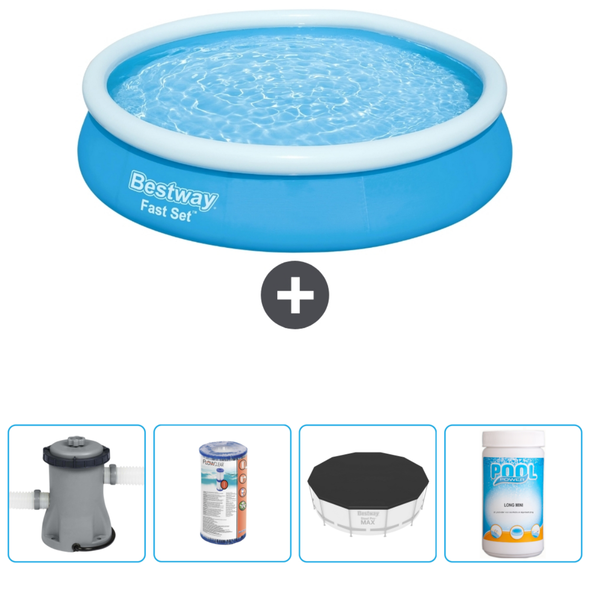 Blauw opblaasbaar zwembad met accessoires: filter, chemicaliën en afdekking. De rand is wit.
